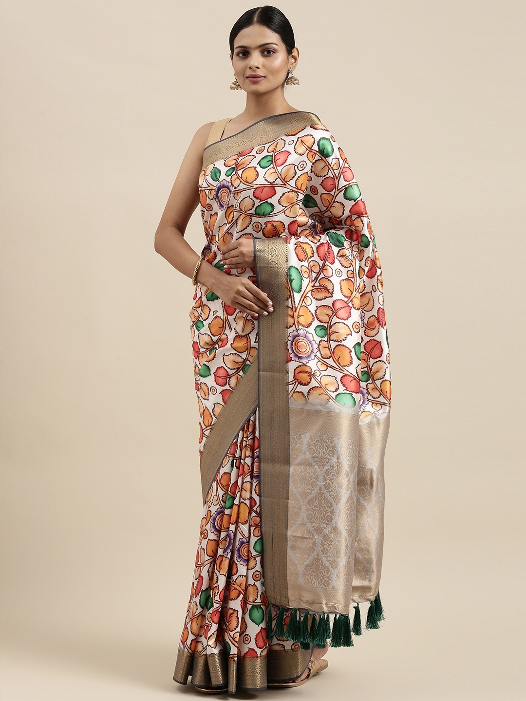 

VASTRANAND White & Green Floral Zari Silk Blend Banarasi Saree