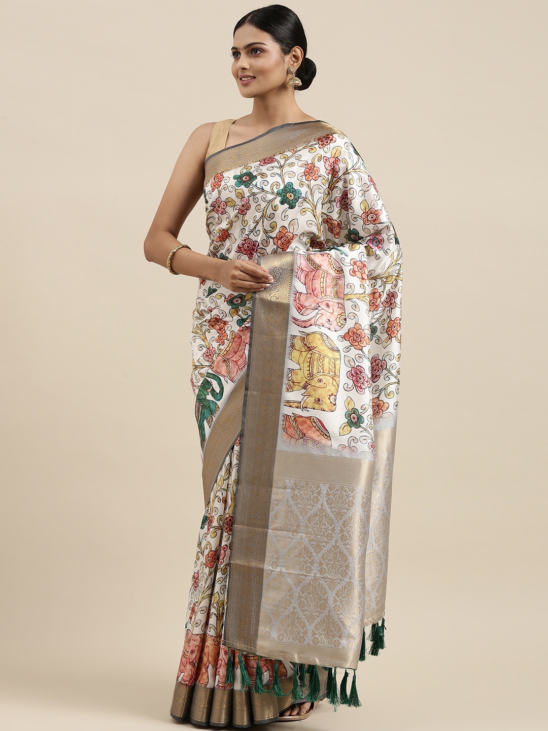 

VASTRANAND White Floral Zari Silk Blend Banarasi Saree