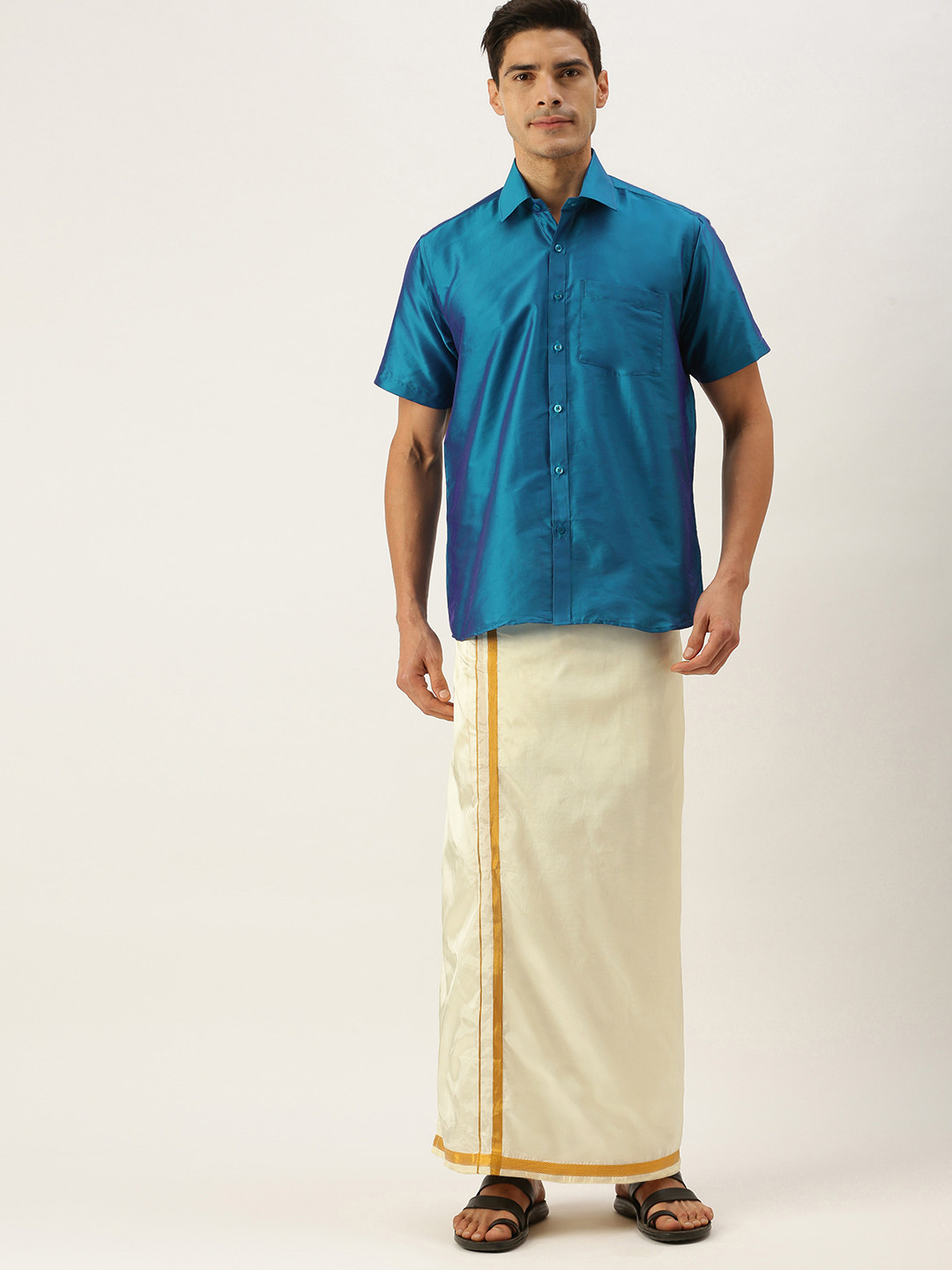 

THANGAMAGAN Men Blue & Off White Shirt with Dhoti