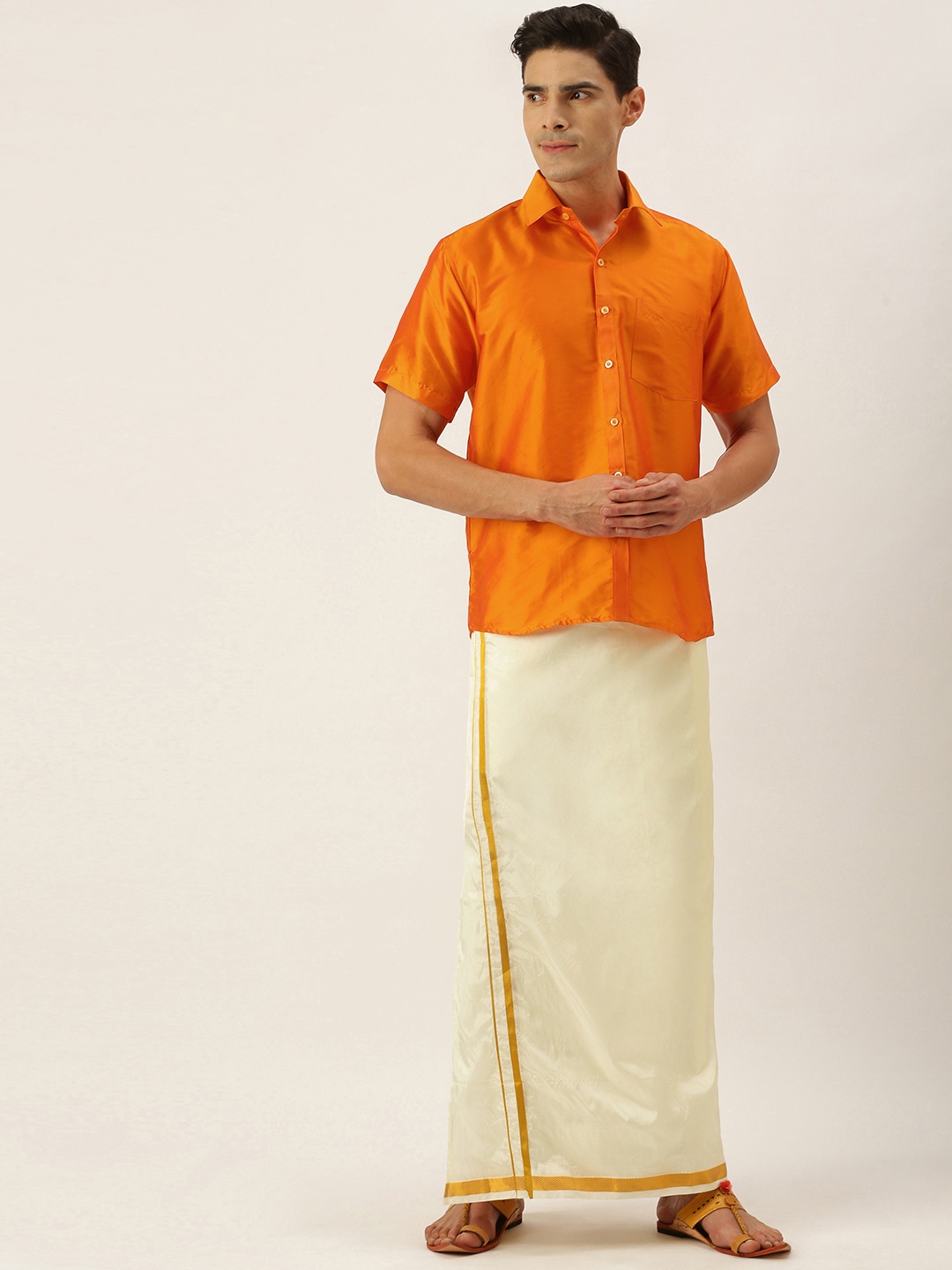 

THANGAMAGAN Men Orange & Off White Shirt with Dhoti Pants