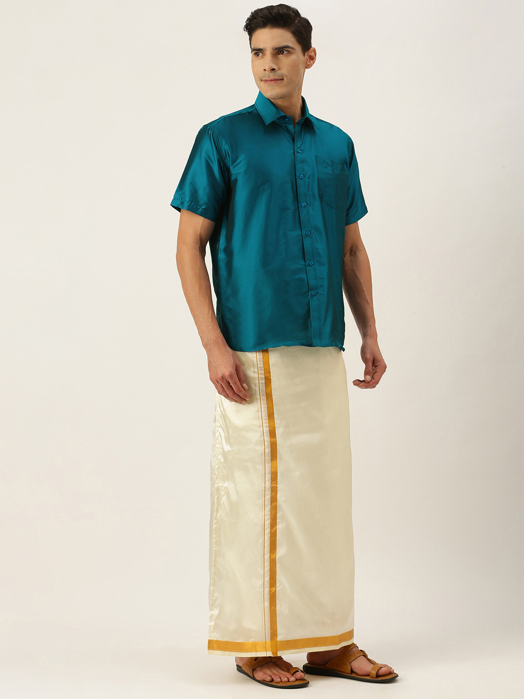 

THANGAMAGAN Men Teal & Off White Shirt with Dhoti