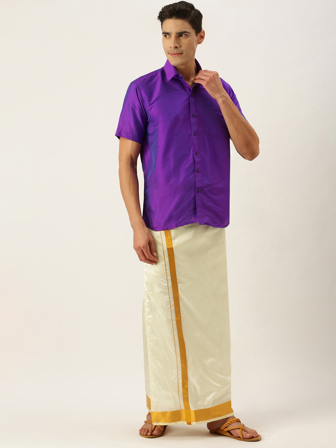 

THANGAMAGAN Men Violet & Off White Shirt with Dhoti