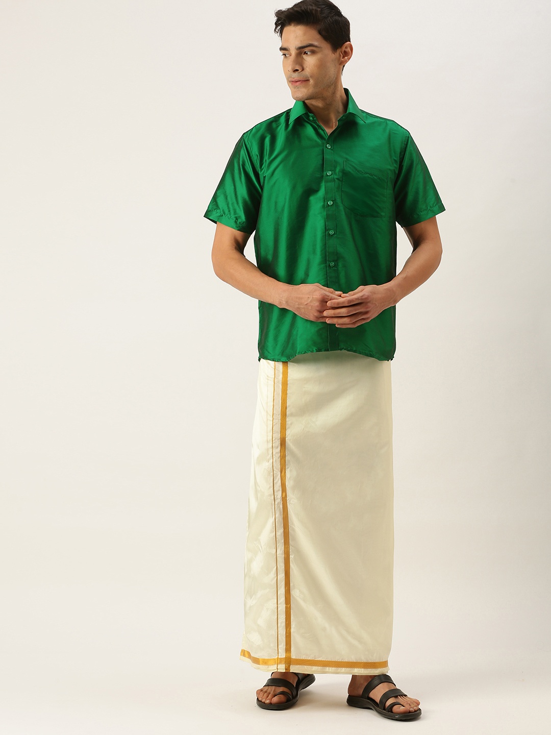 

THANGAMAGAN Men Green & Off White Shirt with Dhoti Pants