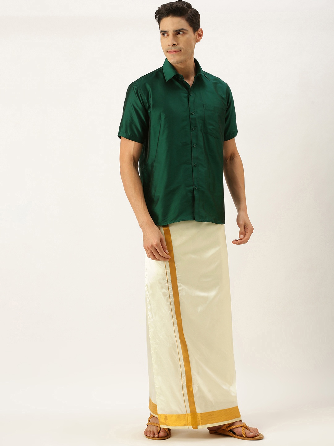 

THANGAMAGAN Men Green & Off White Shirt with Dhoti