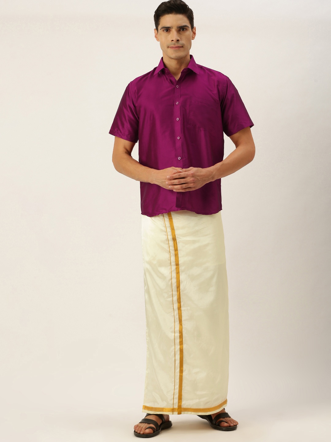 

THANGAMAGAN Men Pink & Off White Shirt with Dhoti Pants
