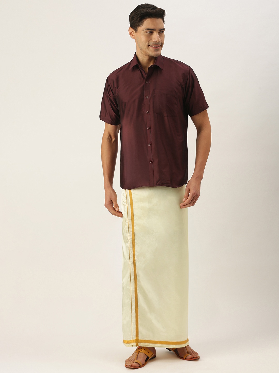 

THANGAMAGAN Men Maroon & Off White Shirt with Dhoti Pants