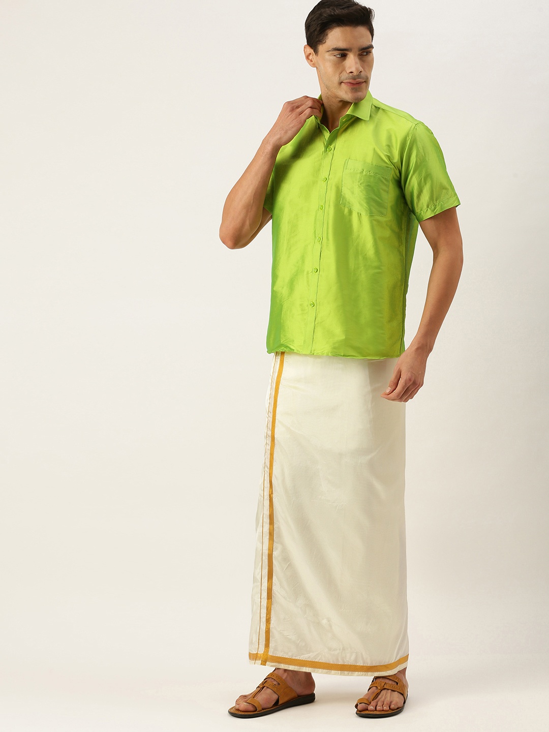 

THANGAMAGAN Men Green & Off White Shirt with Dhoti Pants