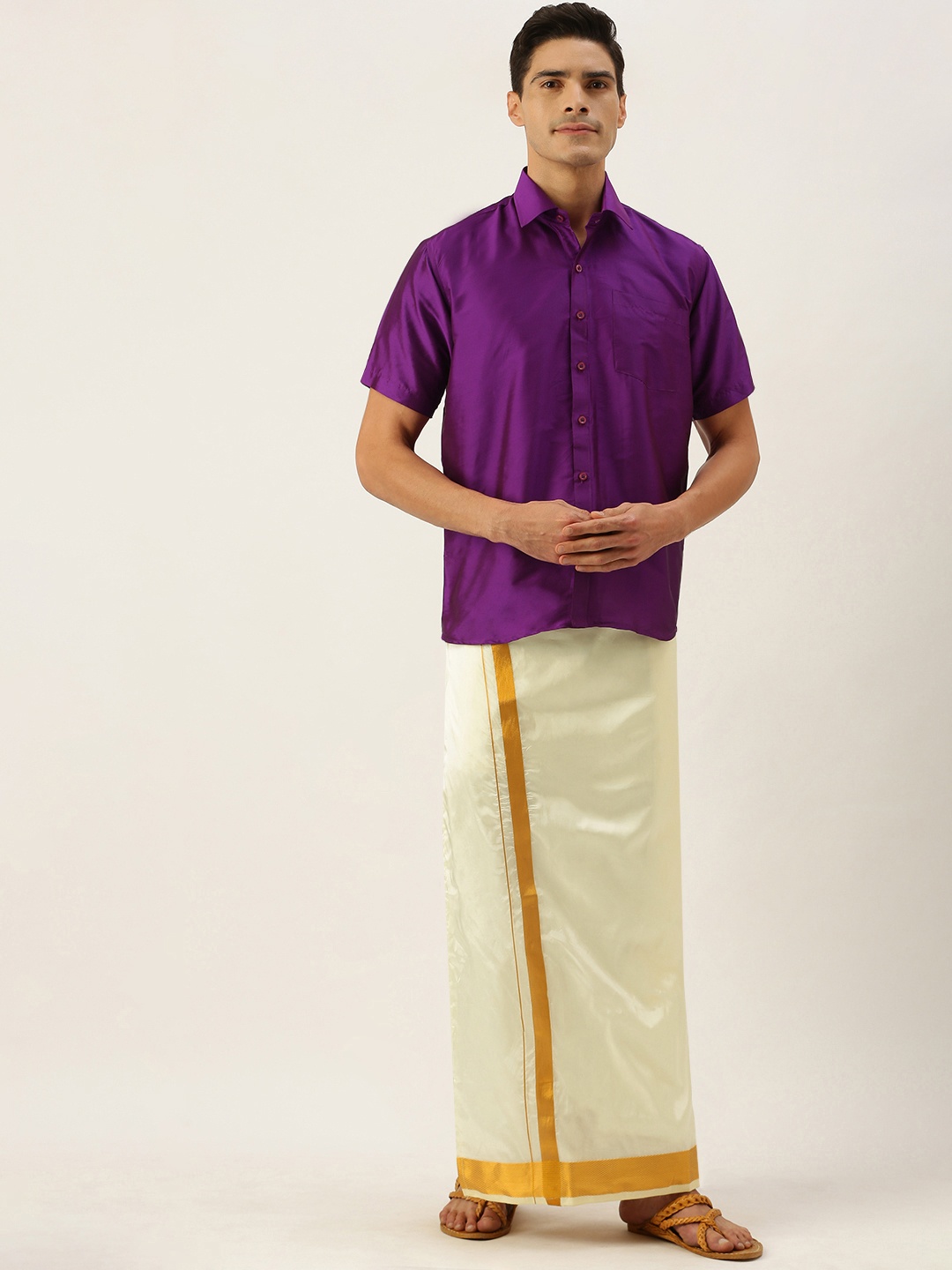 

THANGAMAGAN Men Purple & Off White Shirt with Dhoti Pants, Magenta