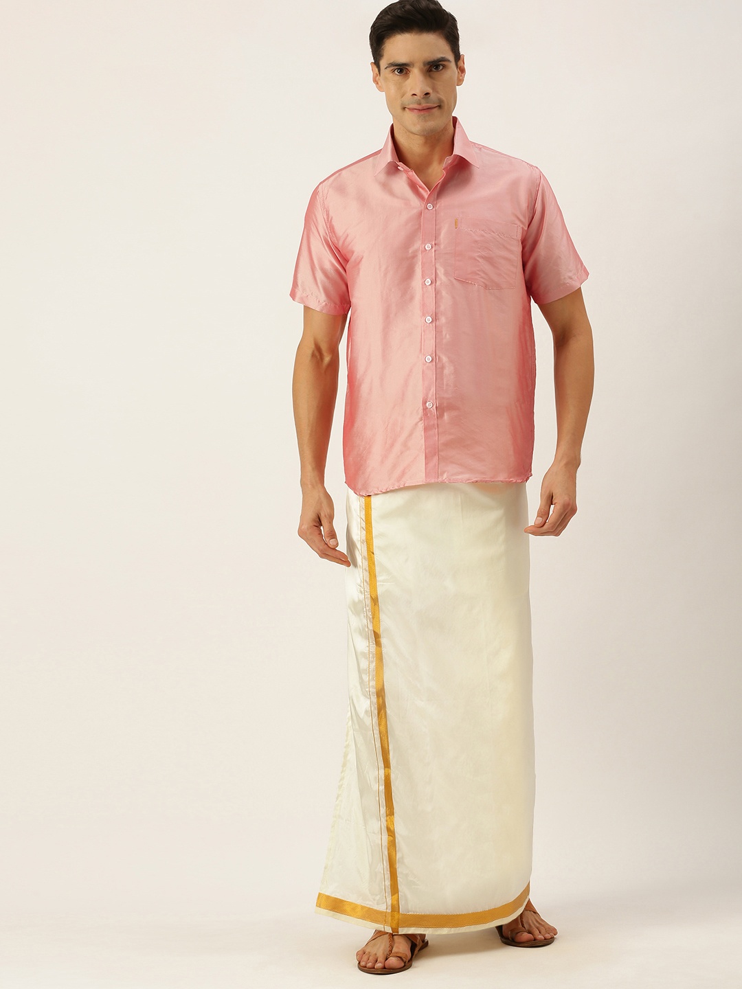 

THANGAMAGAN Men Pink & Off White Solid Shirt with Vesthi