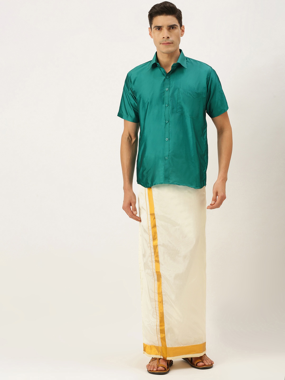 

THANGAMAGAN Men Sea Green & Off White Shirt with Dhoti