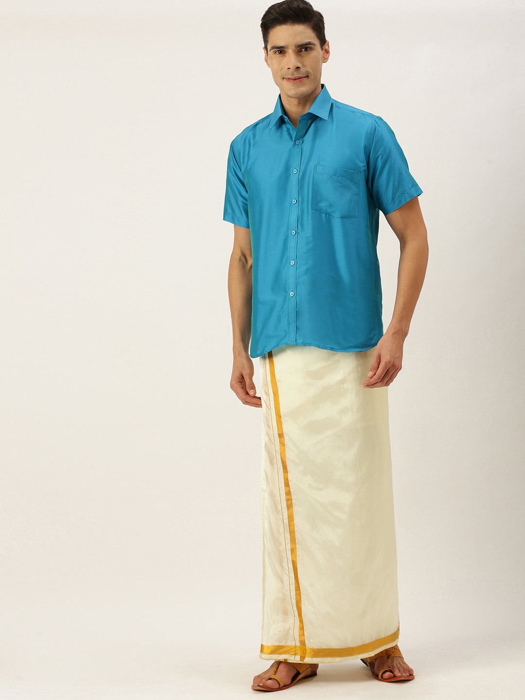 

THANGAMAGAN Men Blue & Off White Shirt with Dhoti Pants