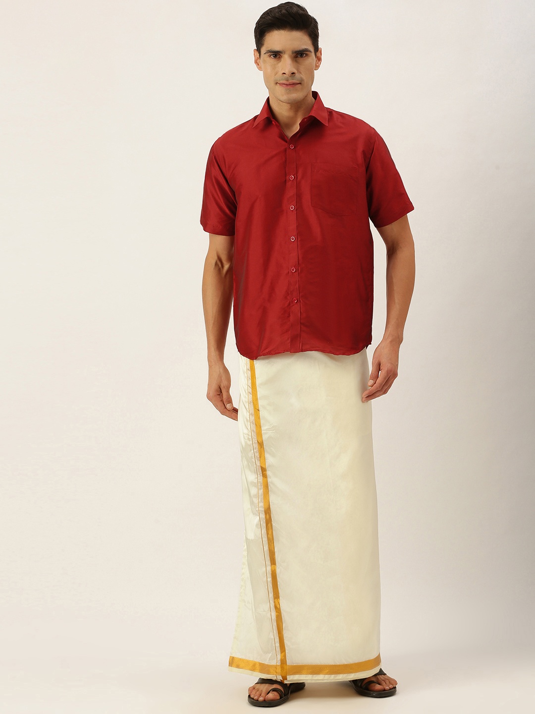 

THANGAMAGAN Men Red & Off White Shirt with Dhoti