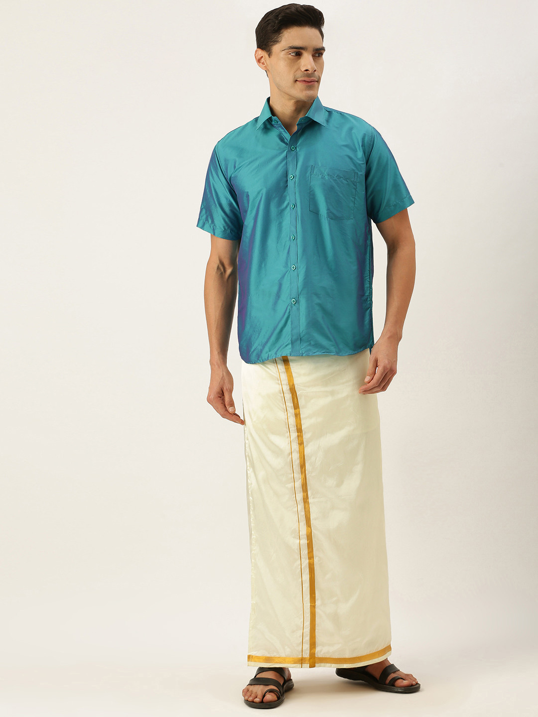 

THANGAMAGAN Men Turquoise Blue & Off White Shirt with Dhoti Pants