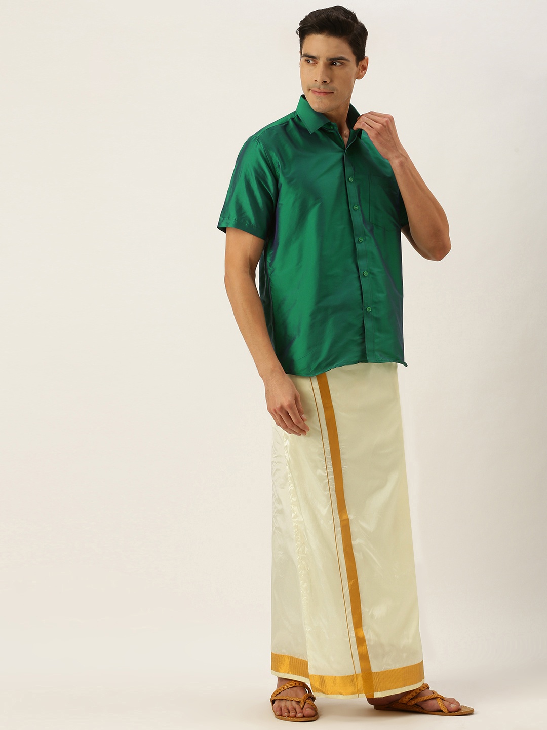 

THANGAMAGAN Men Green & Off White Shirt with Dhoti Pants