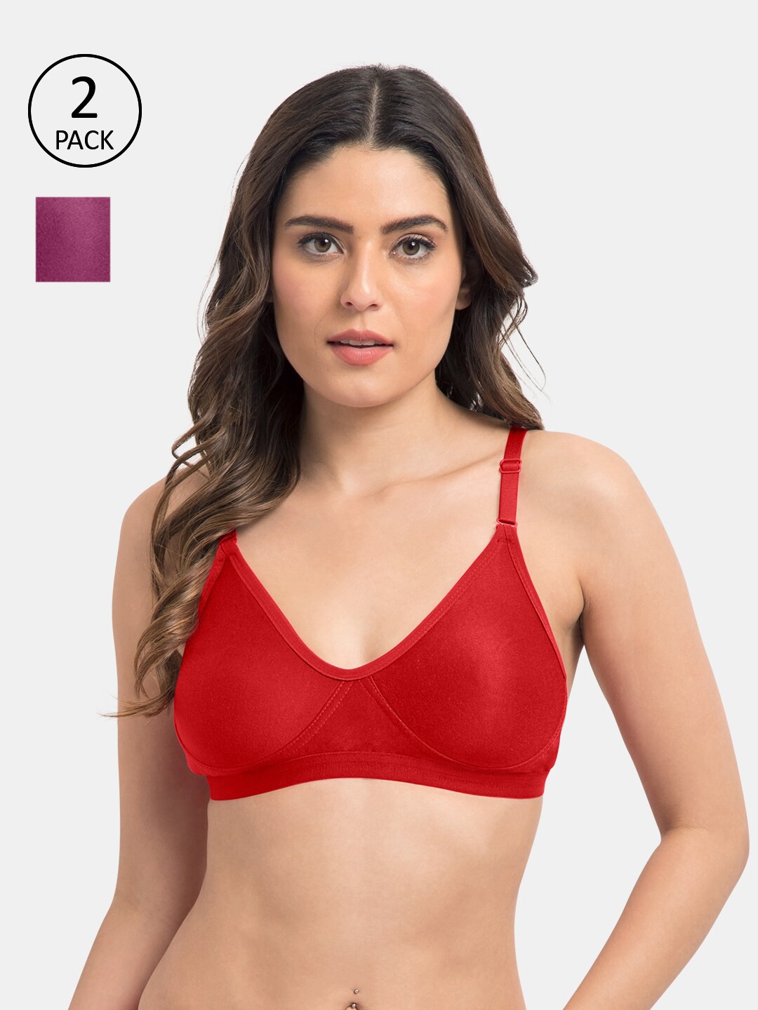 

Tweens Pack Of 2 Red & Purple Solid T-Shirt Bras - Wireless Non-Padded