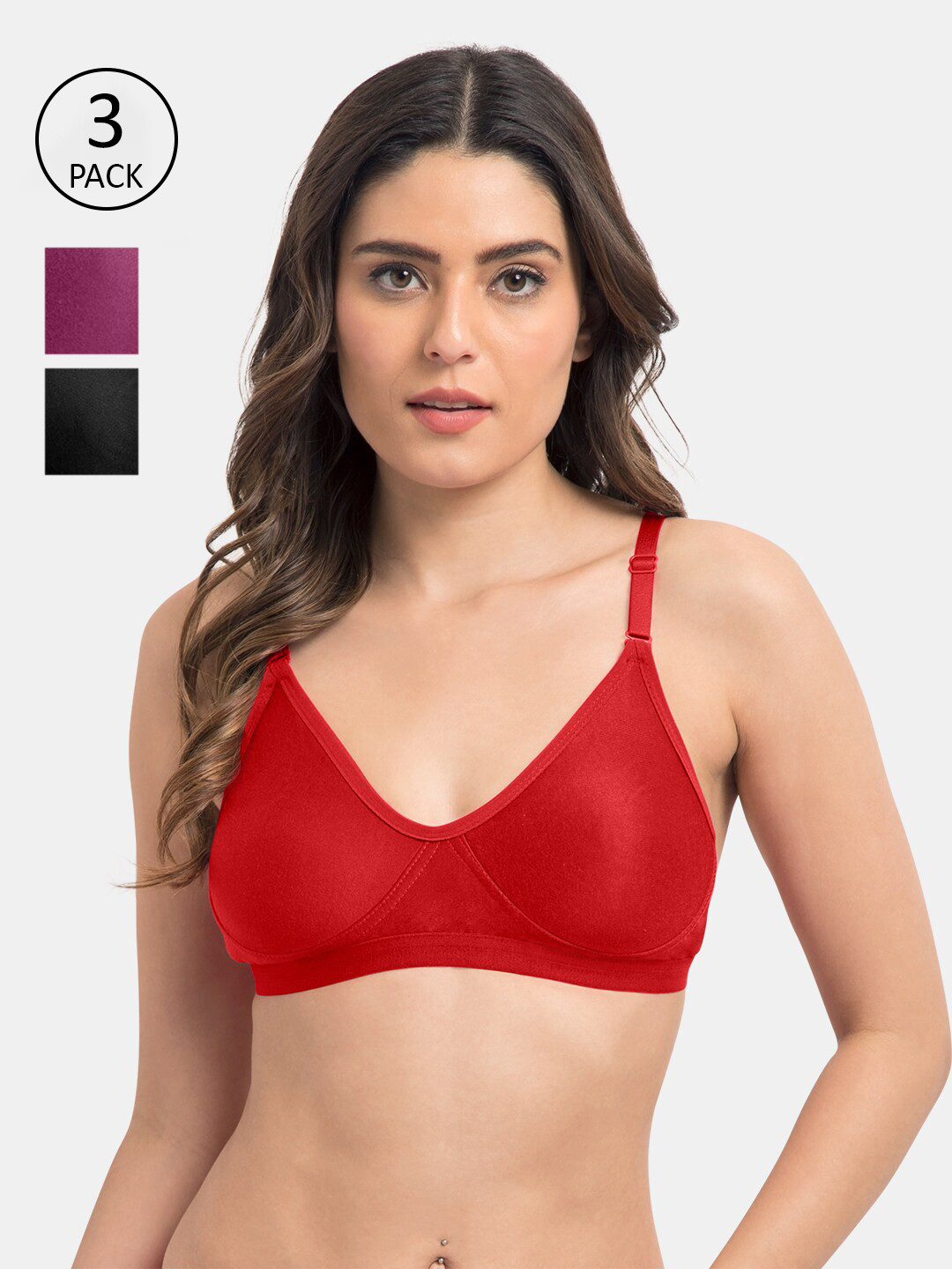

Tweens Women Pack of 3 Solid Non Padded Tshirt Bra, Red