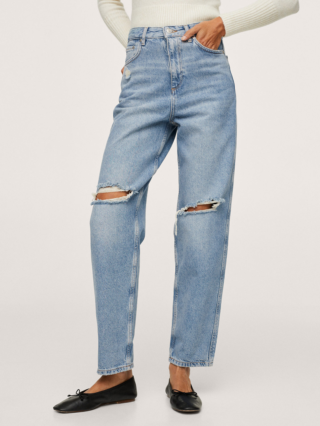 

MANGO Women Blue Tapered Fit High-Rise Slash Knee Jeans