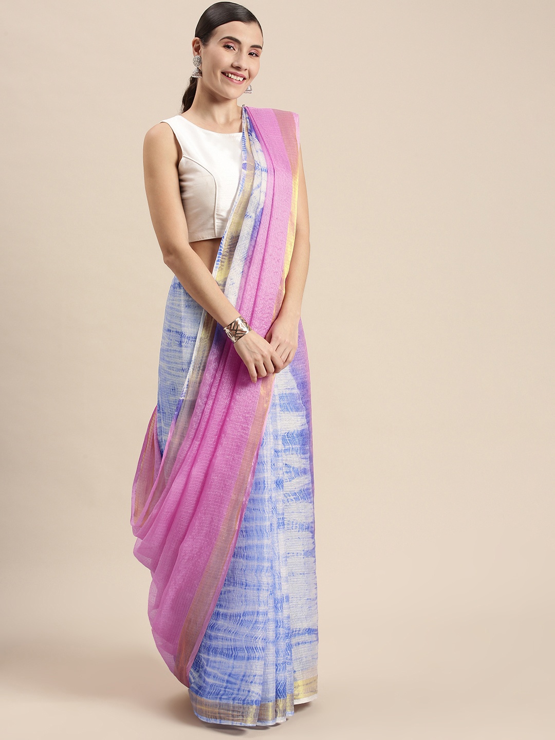 

Geroo Jaipur Pink & Blue Tie and Dye Art Silk Bandhani Saree