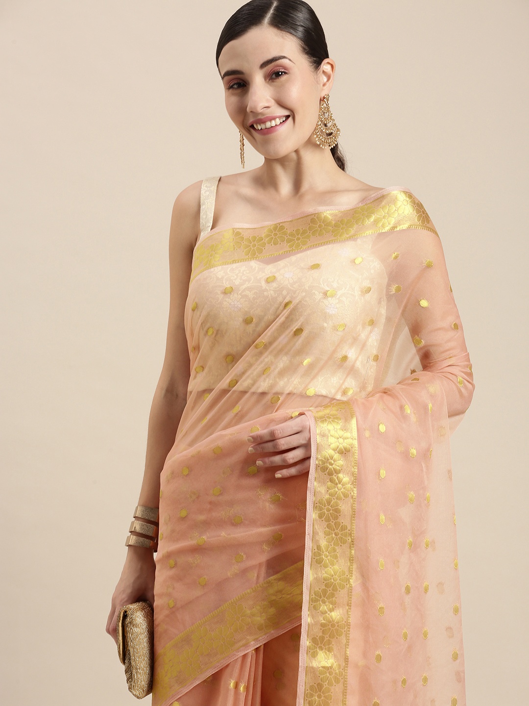 

Geroo Jaipur Pink Woven Design Zari Organza Saree