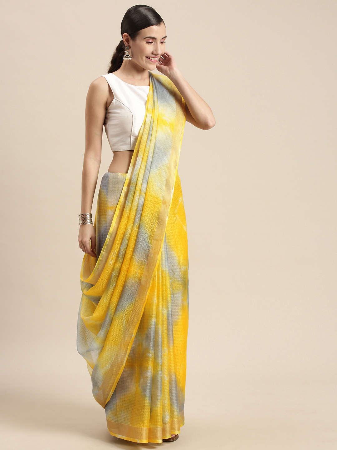 

Geroo Jaipur Yellow & Grey Tie and Dye Art Silk Bandhani Saree