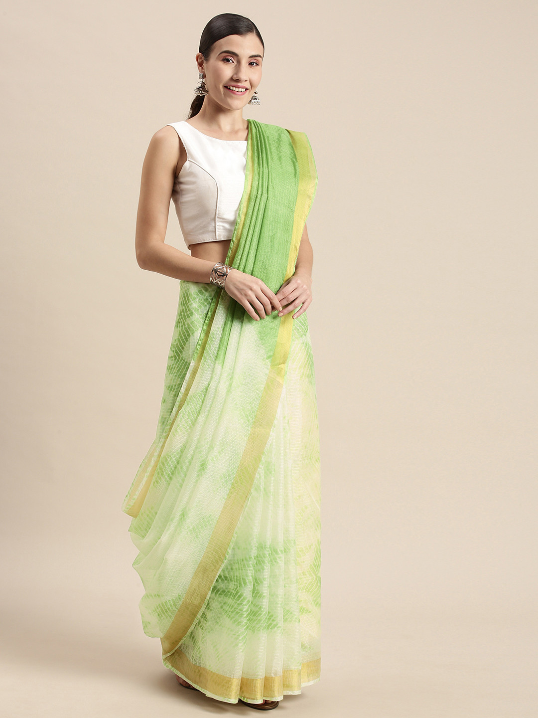 

Geroo Jaipur Green Hand Tie and Dye Art Silk Bandhani Shibori Saree