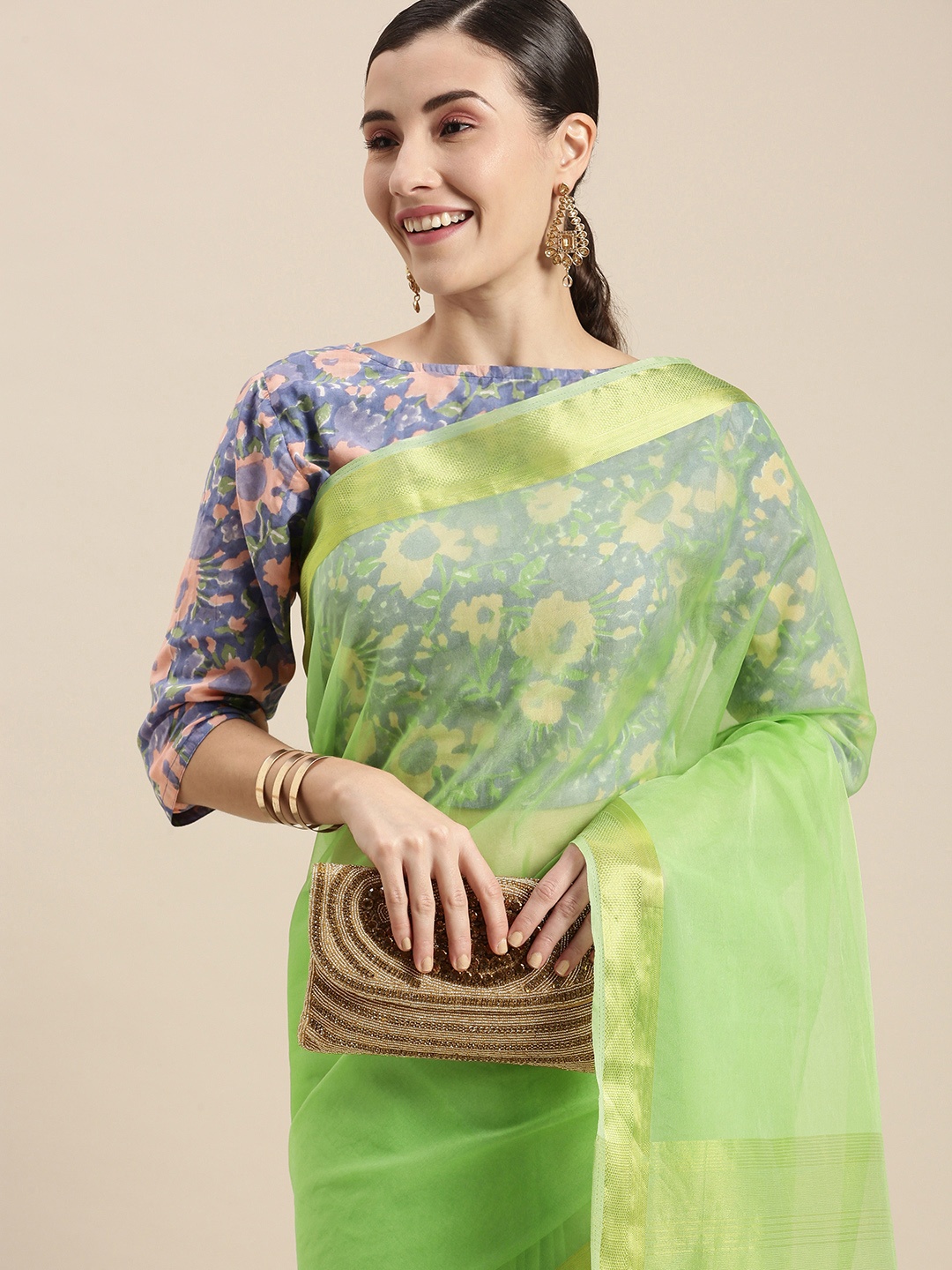 

Geroo Jaipur Green Zari Organza Saree