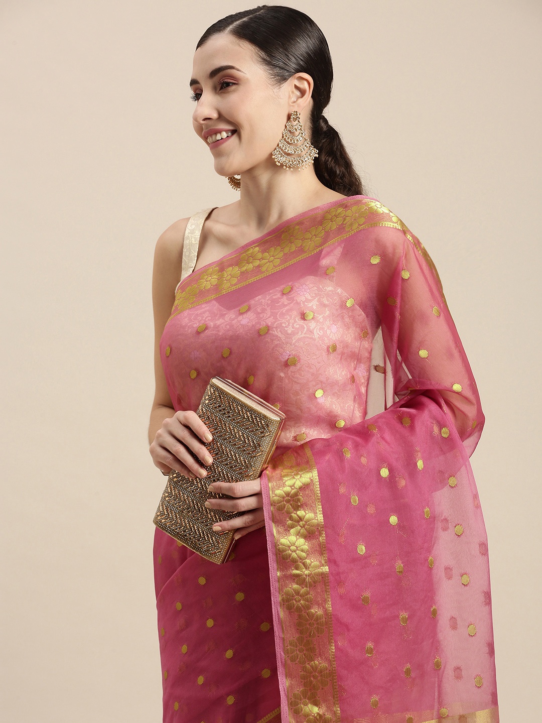 

Geroo Jaipur Handwoven Zari Organza Saree, Pink