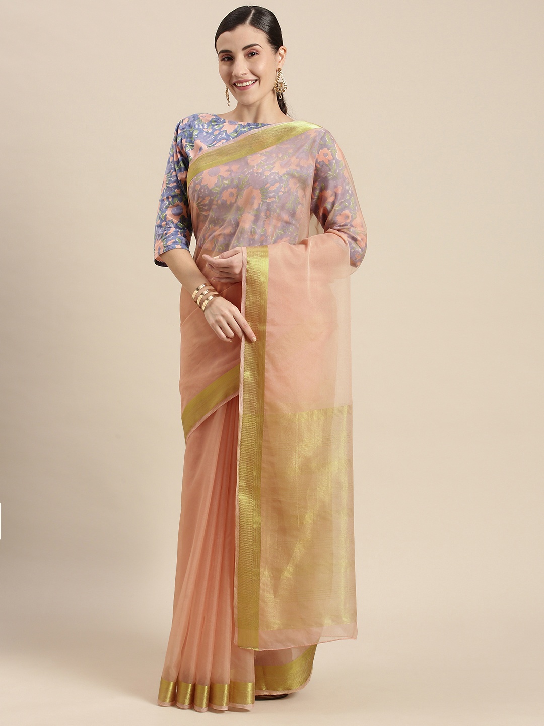 

Geroo Jaipur Peach-Coloured Zari Organza Saree