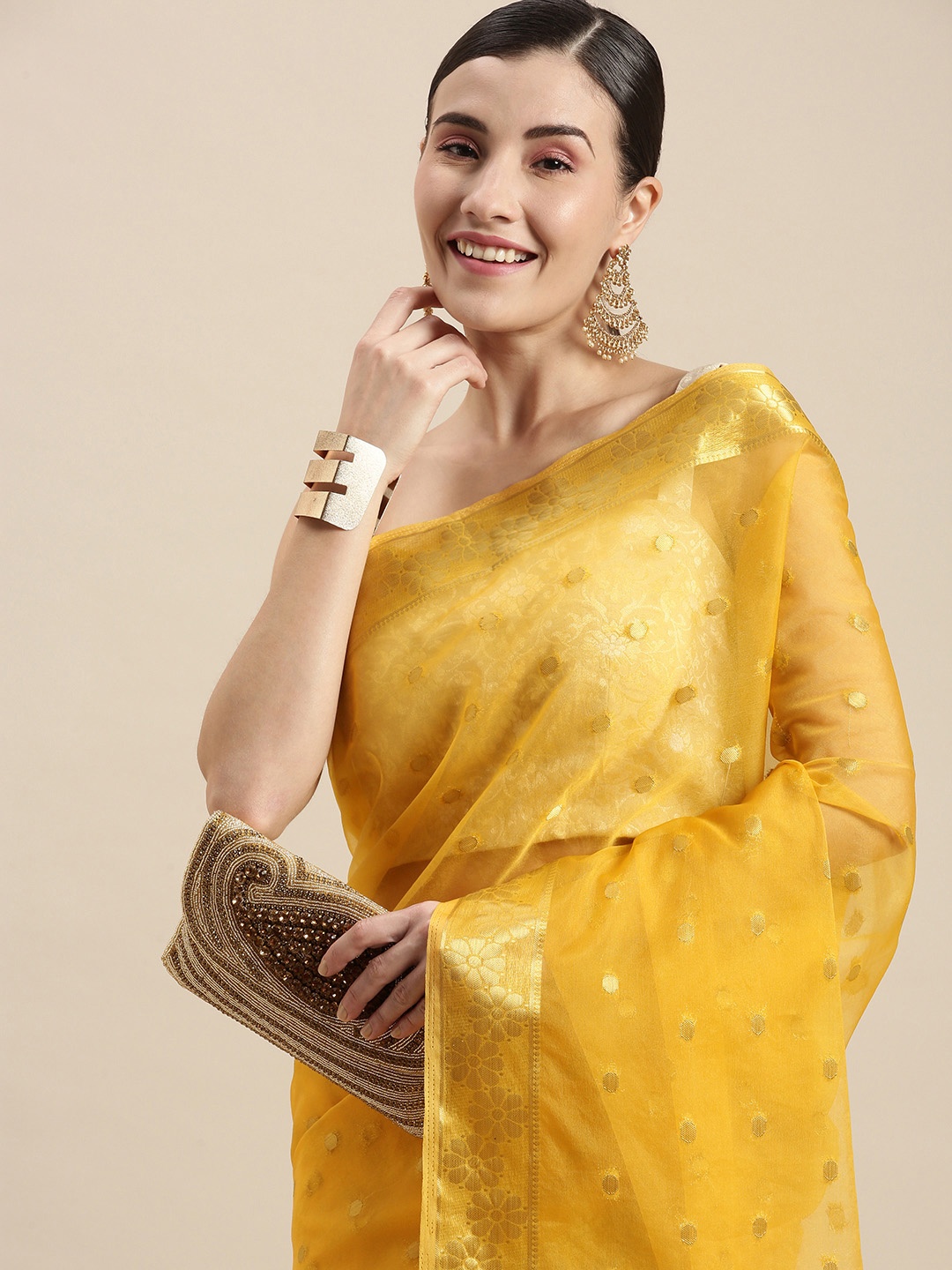 

Geroo Jaipur Handcrafted Zari Organza Saree, Yellow