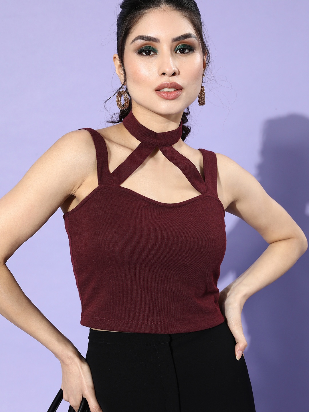 

KASSUALLY Burgundy Solid Knitted Top