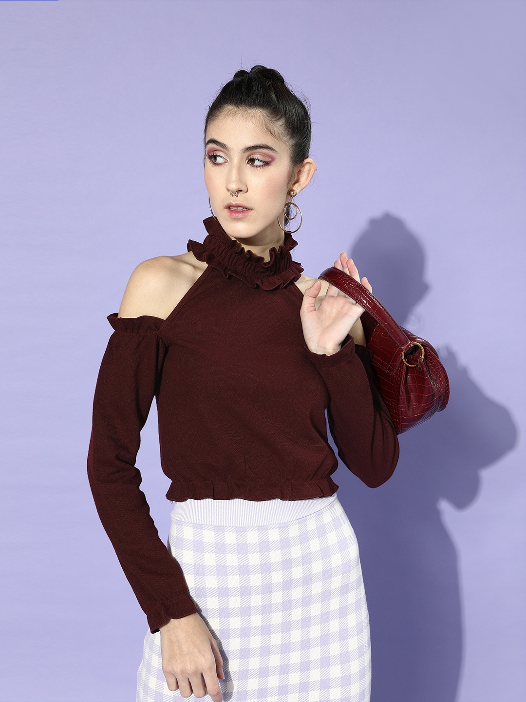

KASSUALLY Burgundy Solid Knitted Top