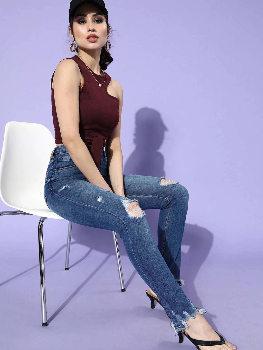 

KASSUALLY Burgundy Solid Knitted Top
