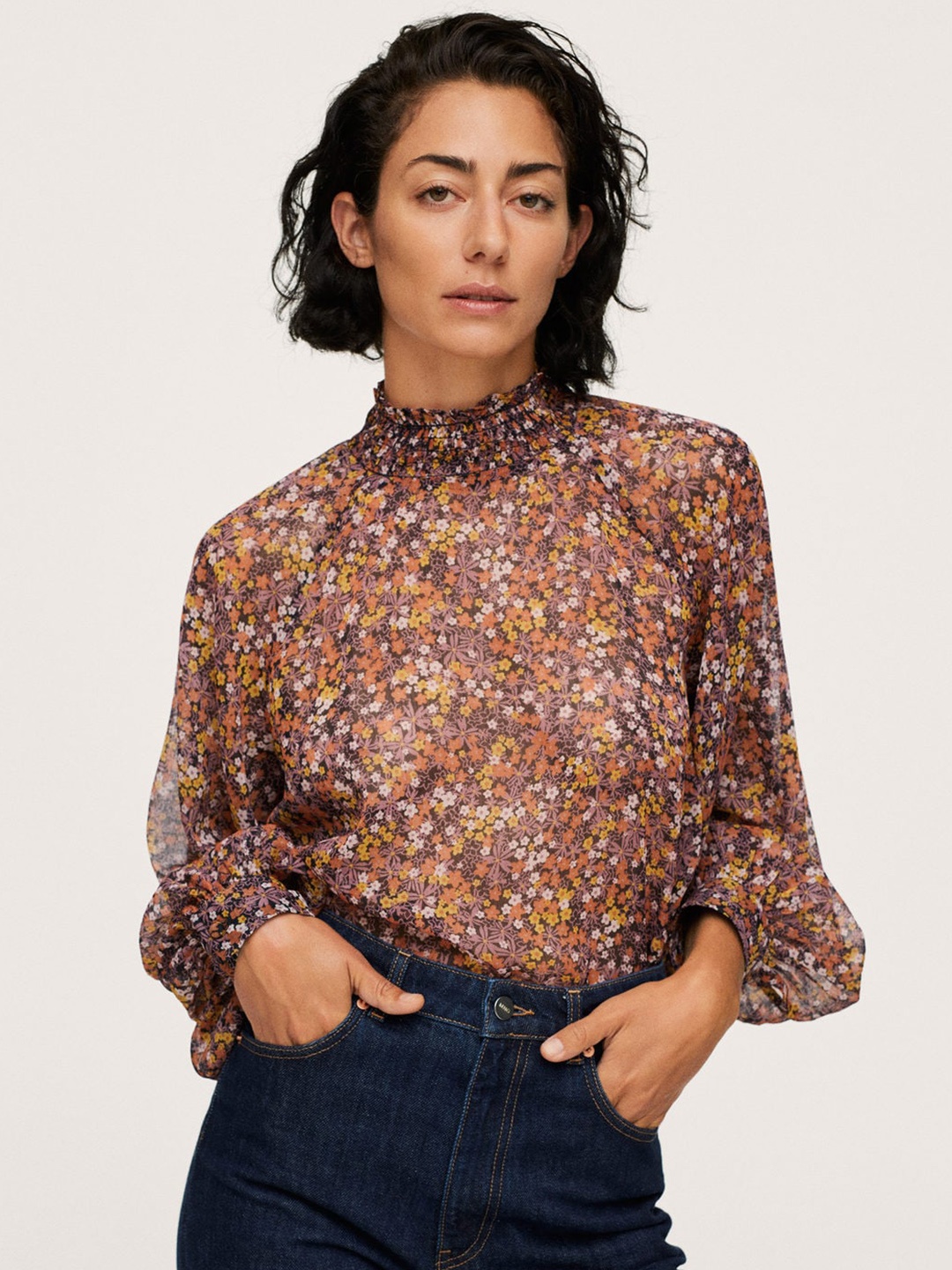 

MANGO Black & Yellow Floral Printed Mandarin Collar Regular Top