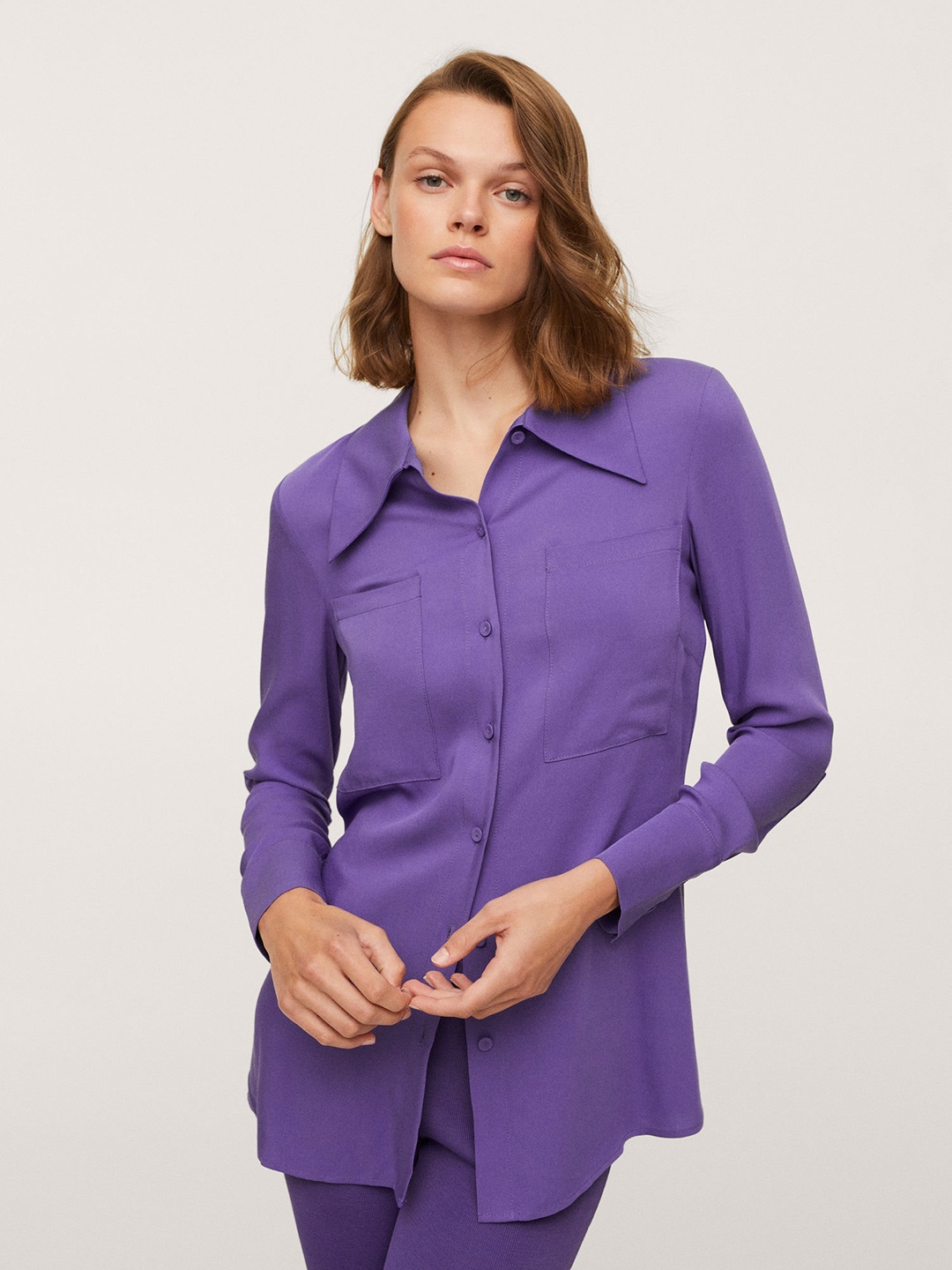 

MANGO Women Purple Pointed Collar Solid Longline Casual Shirt