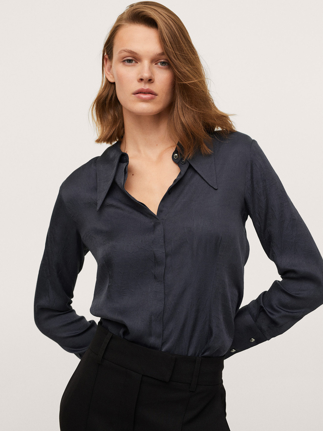 

MANGO Women Navy Blue Solid Smart Casual Shirt