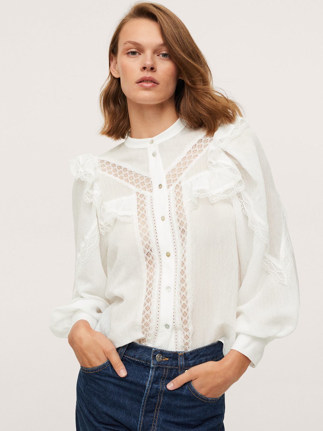 

MANGO Women White Lace Detail Self-Striped Casual Shirt