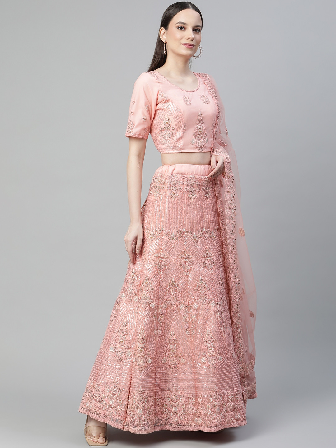

Readiprint Fashions Pink Embroidered Sequinned Unstitched Lehenga & Blouse With Dupatta