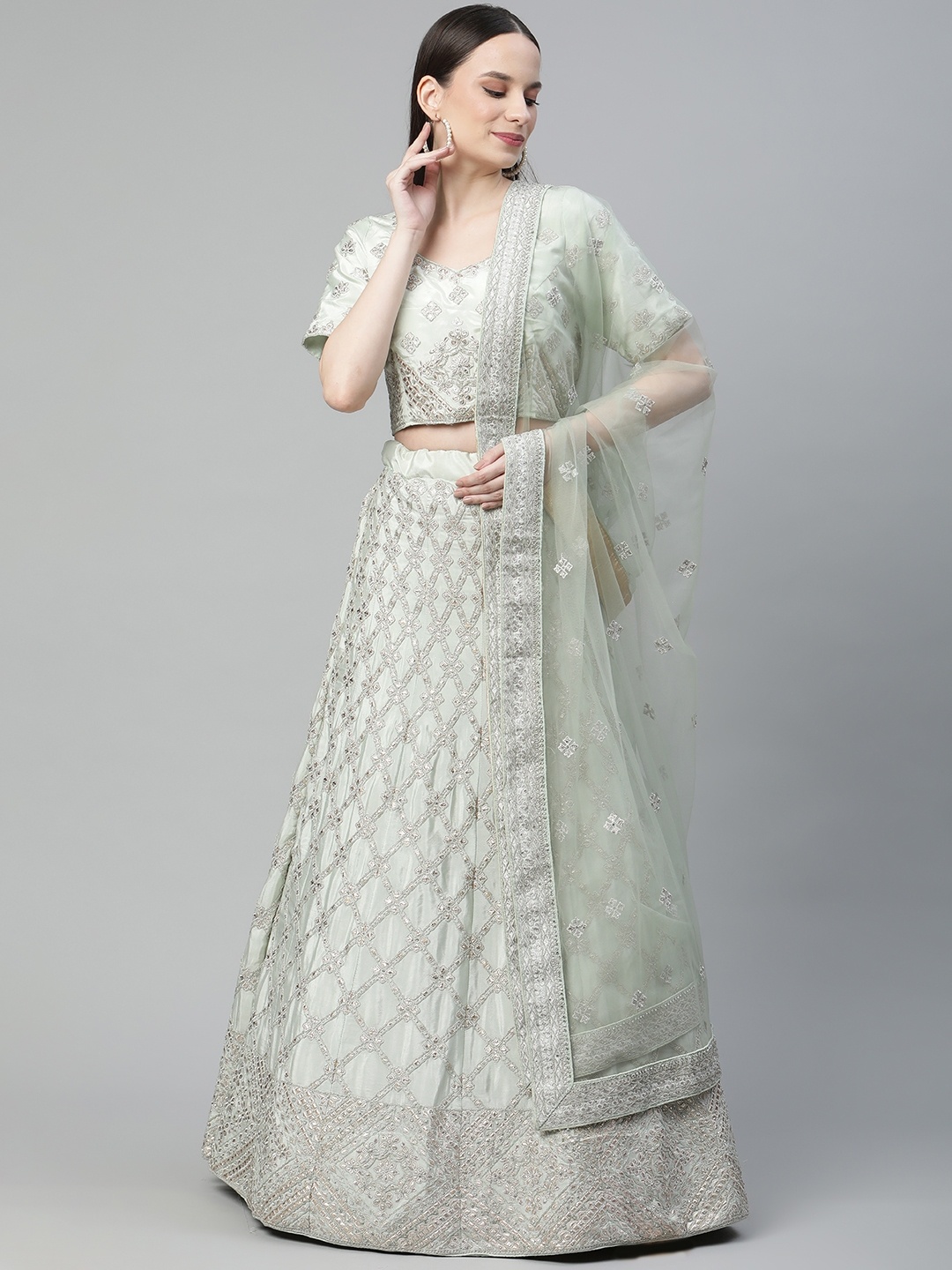 

Readiprint Fashions Green Embroidered Unstitched Lehenga & Blouse With Dupatta