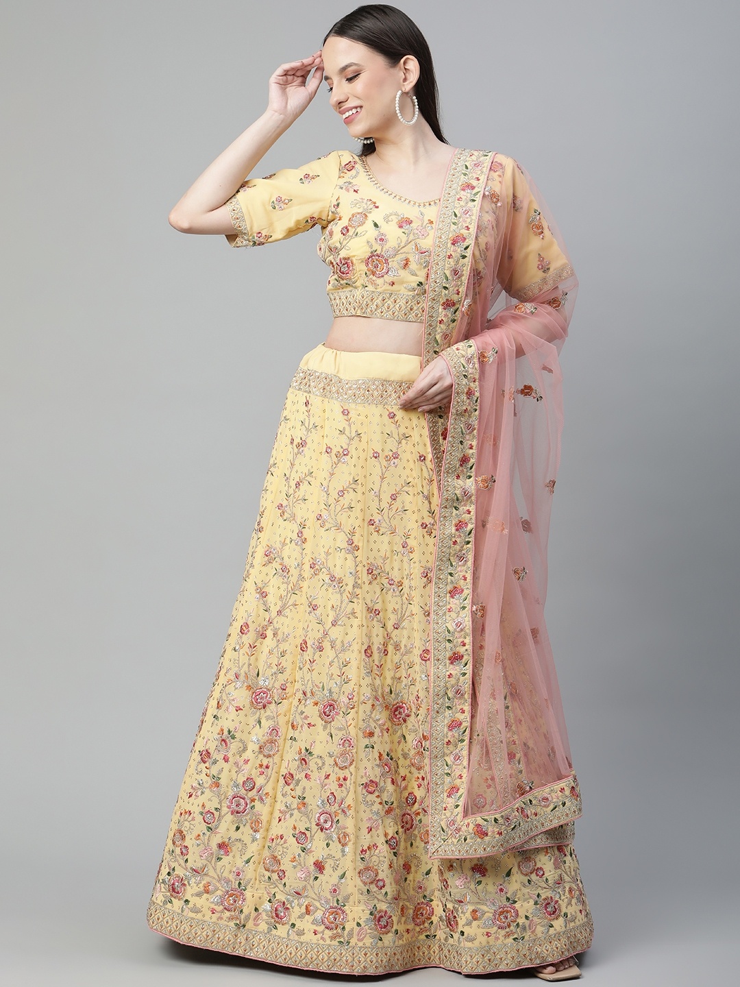 

Readiprint Fashions Yellow & Pink Embroidered Unstitched Lehenga & Blouse With Dupatta