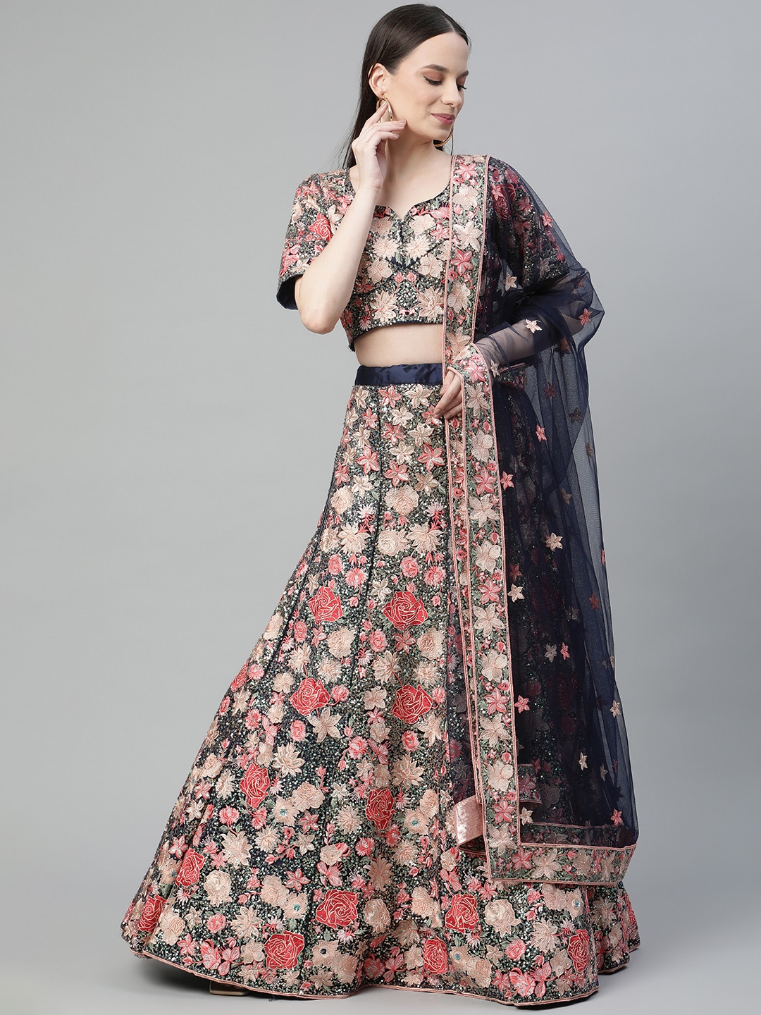 

Readiprint Fashions Navy Blue Embroidered Sequinned Unstitched Lehenga & Blouse With Dupatta