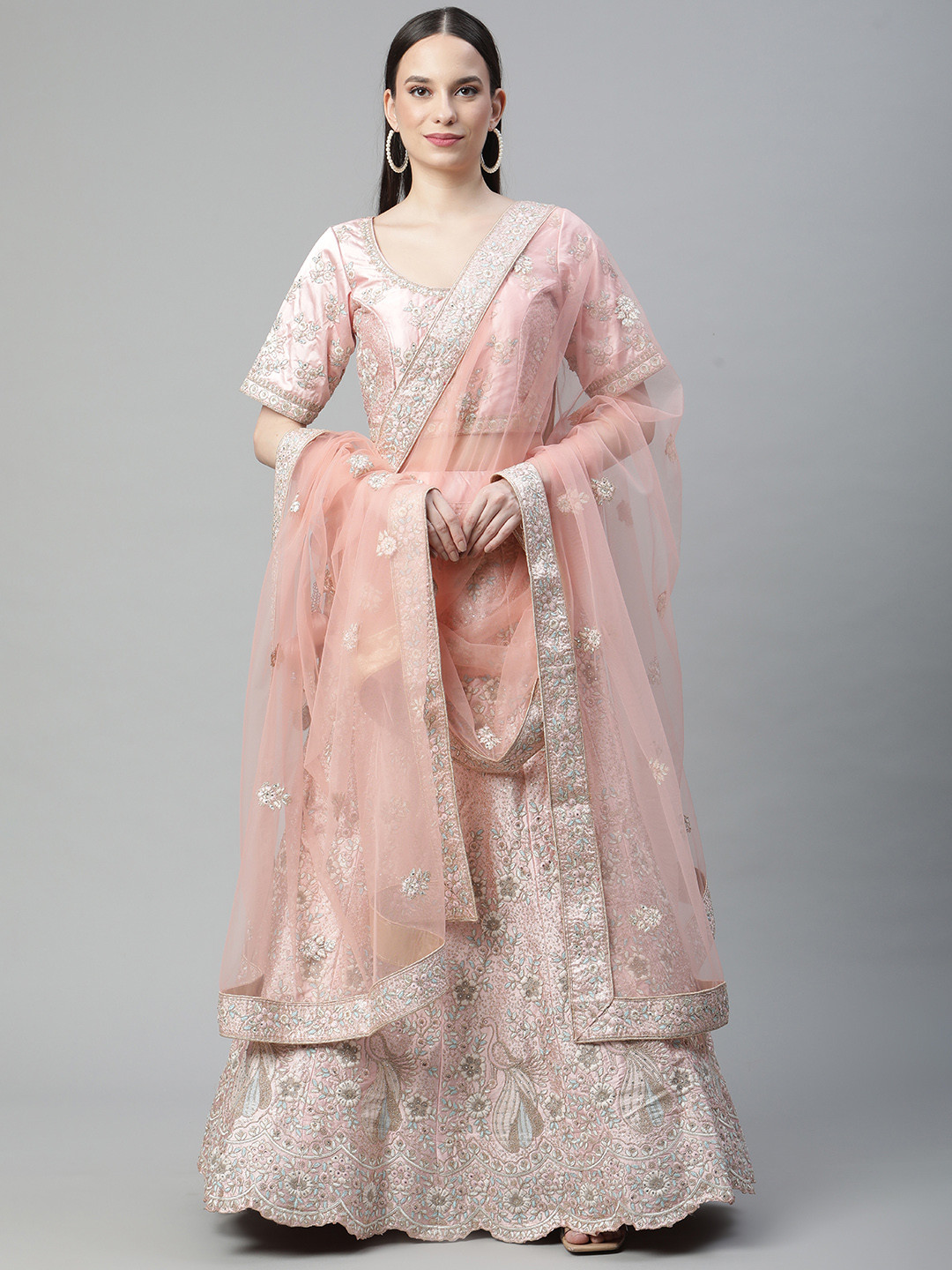 

Readiprint Fashions Pink Embroidered Sequinned Semi-Stitched Lehenga & Unstitched Blouse With Dupatta