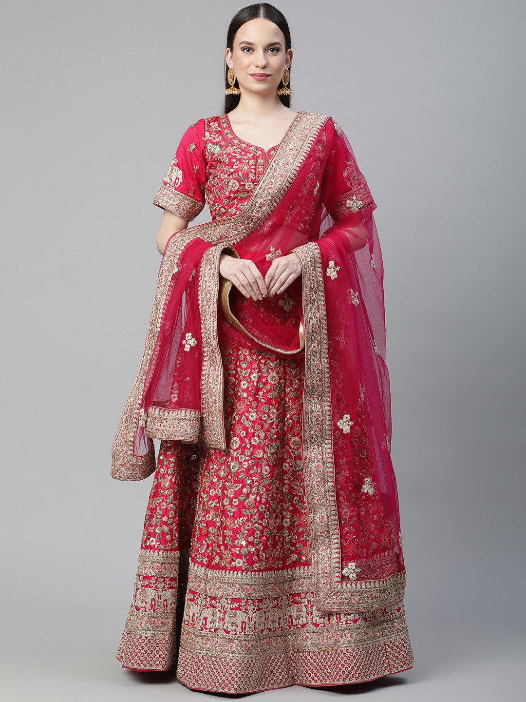 

Readiprint Fashions Magenta Embroidered Semi-Stitched Lehenga & Unstitched Blouse With Dupatta