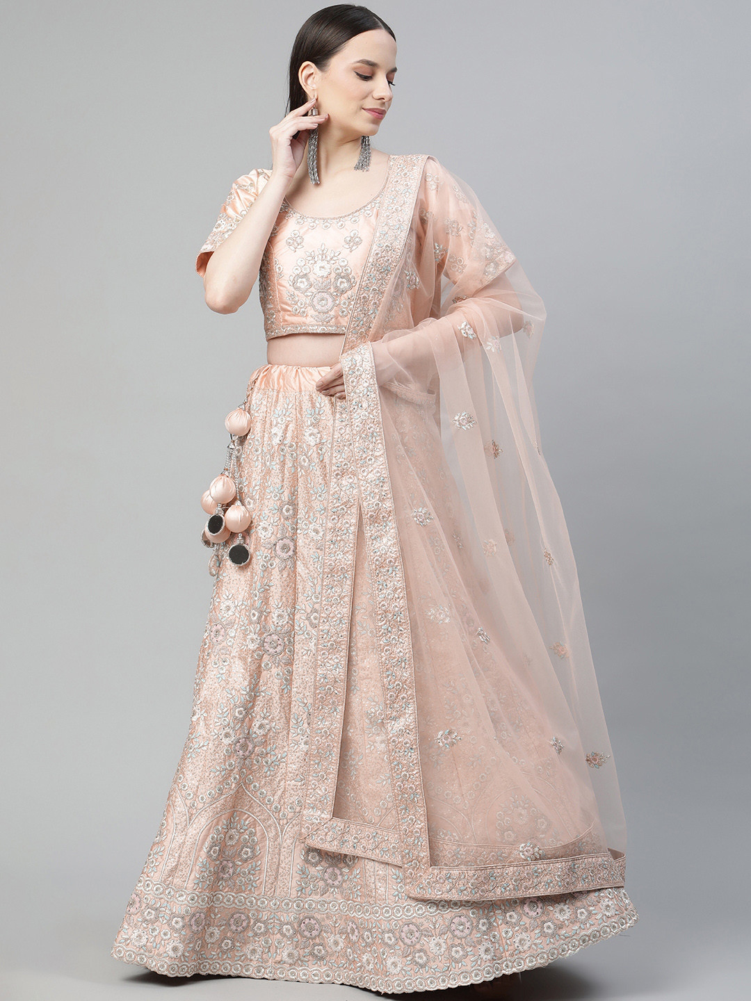 

Readiprint Fashions Peach-Coloured Embroidered Sequinned Semi-Stitched Lehenga & Unstitched Blouse With