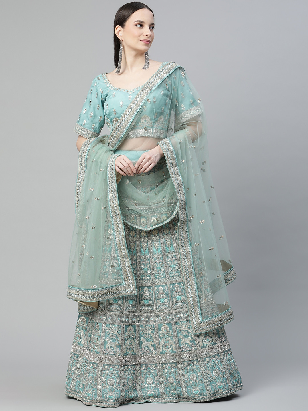 

Readiprint Fashions Blue Embroidered Semi-Stitched Lehenga & Unstitched Blouse With Dupatta