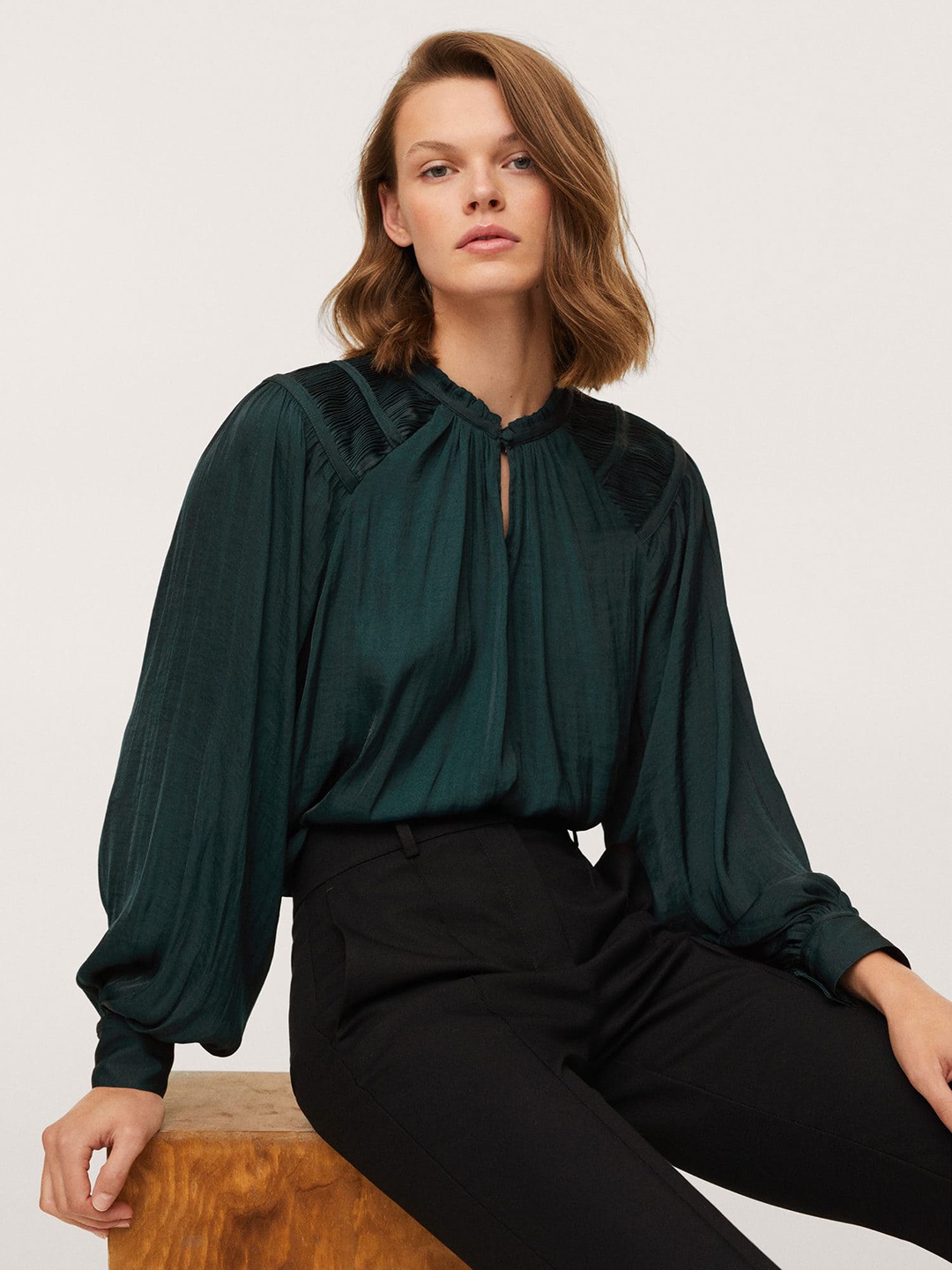 

MANGO Women Green Solid Keyhole Neck Top