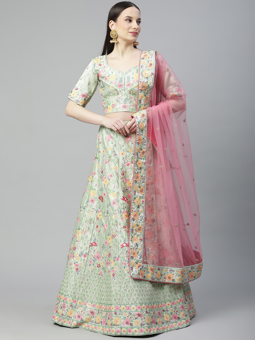 

Readiprint Fashions Green Embroidered Semi-Stitched Lehenga & Unstitched Blouse With Dupatta