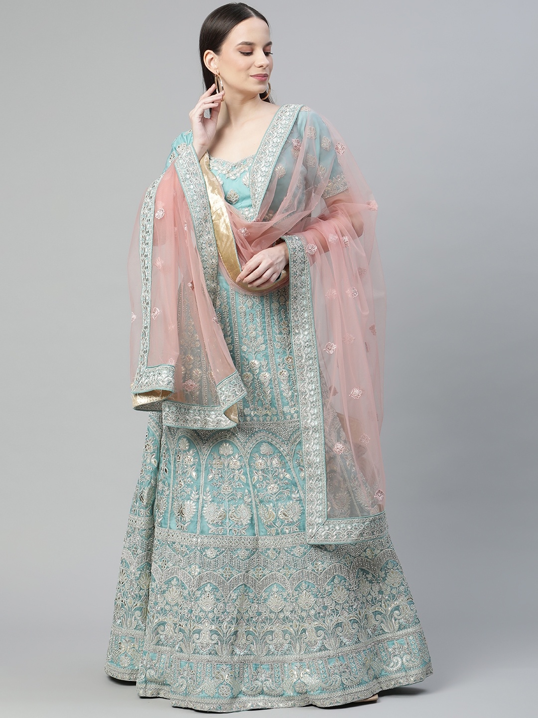 

Readiprint Fashions Turquoise Blue & Pink Embroidered Semi-Stitched Lehenga & Unstitched Blouse With Dupatta
