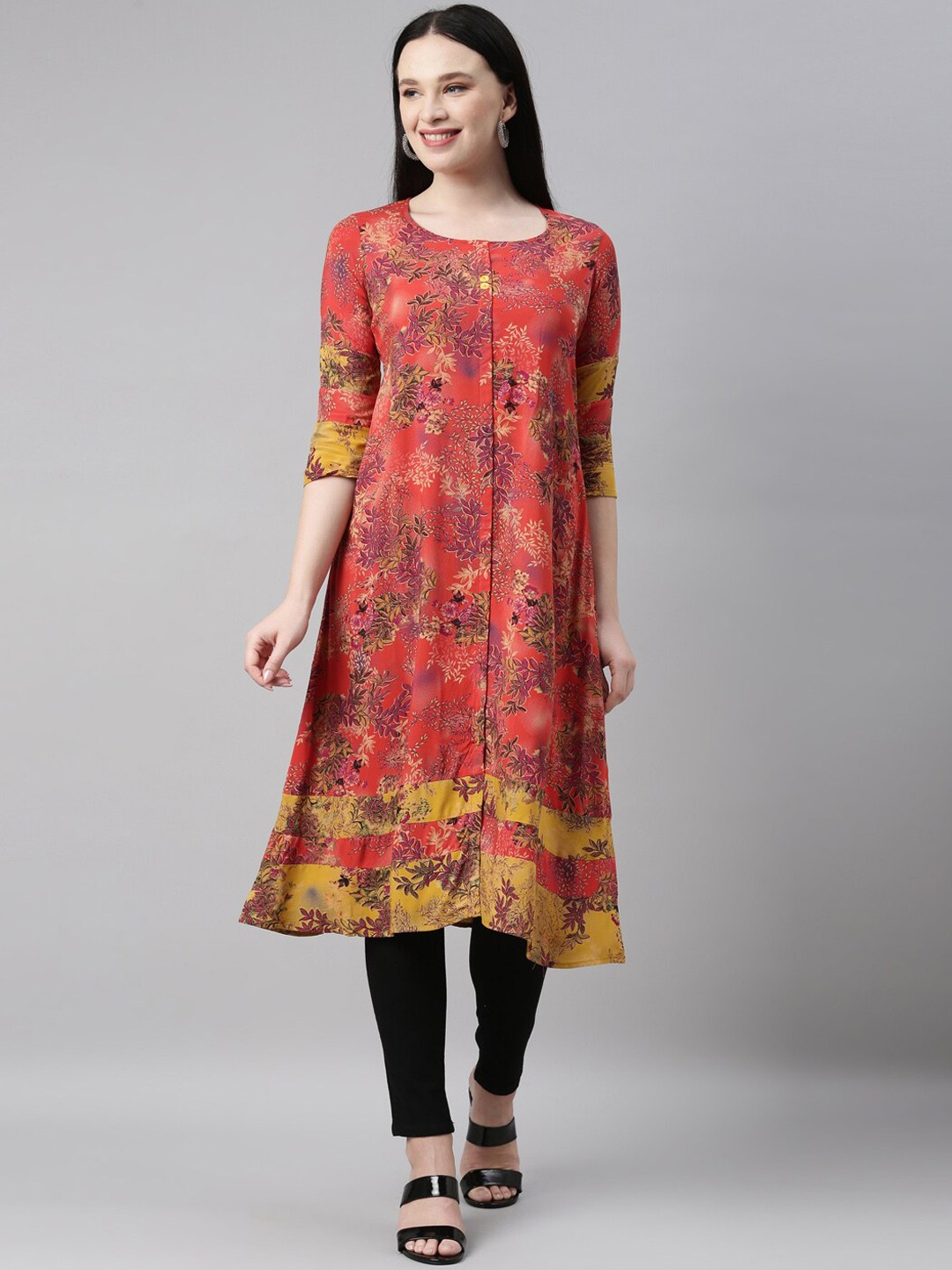 

Neerus Women Red Floral Printed Keyhole Neck Flared Sleeves Anarkali Kurta