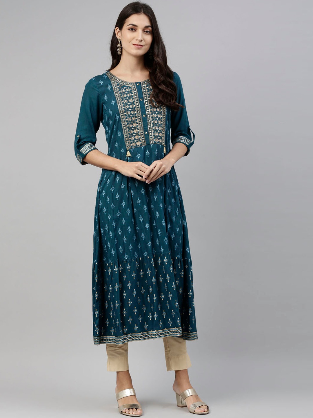 

Neerus Women Blue Ethnic Motifs Printed Thread Work Kurta