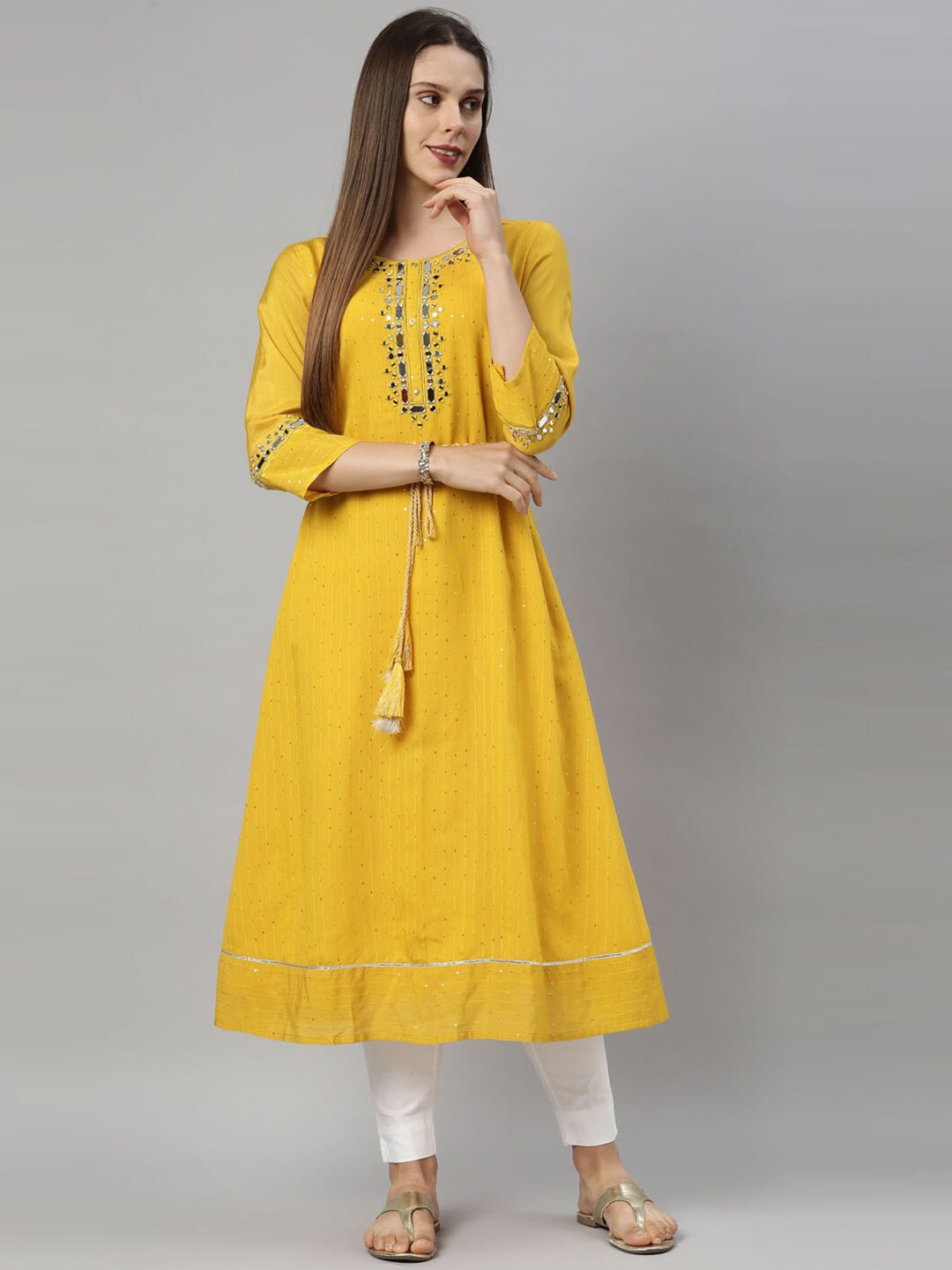 

Neerus Women Yellow Embellished Mirror Work Chanderi Silk Chanderi Silk Anarkali Kurta